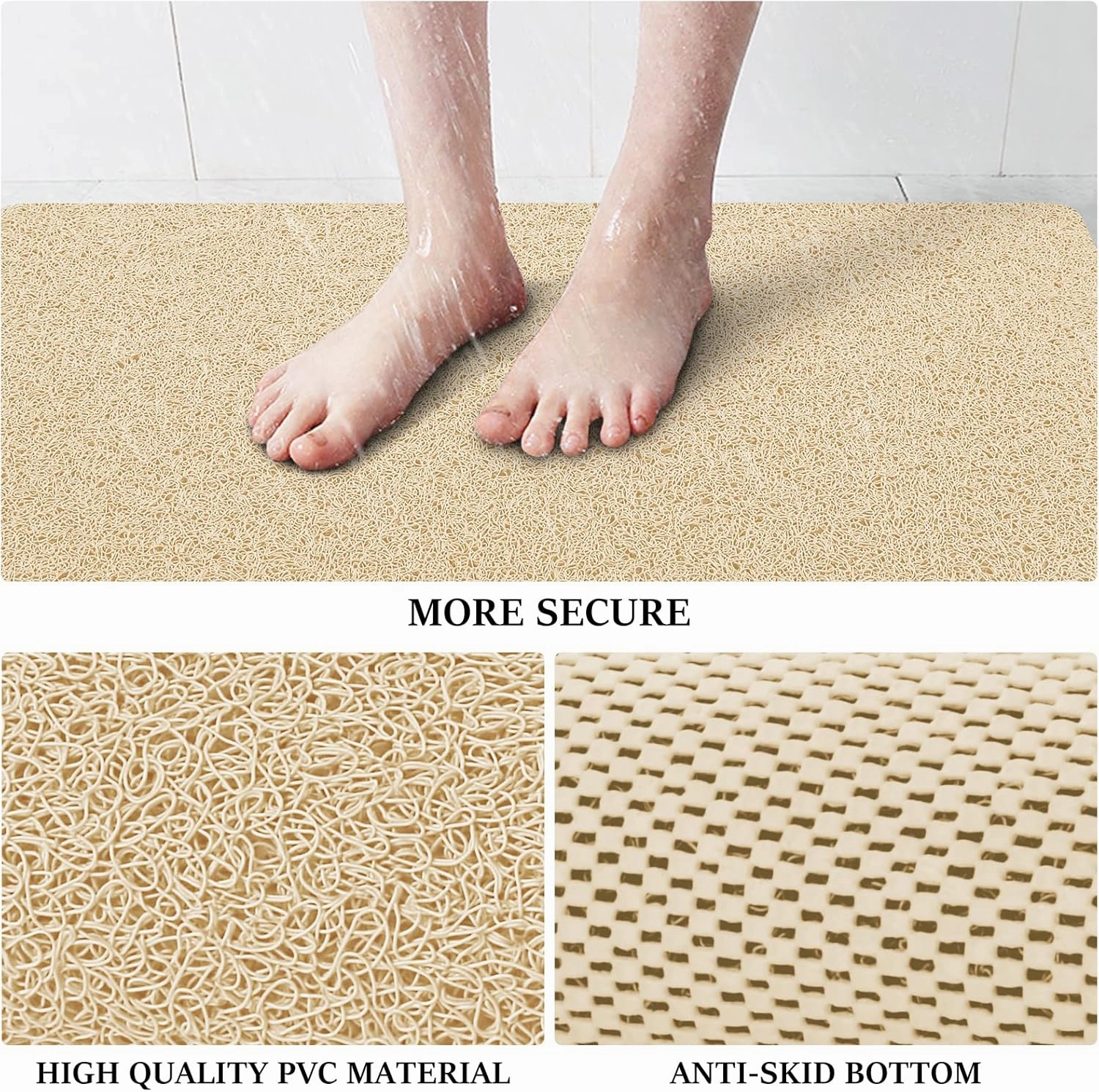 LuxStep Shower Mat Bathtub Mat,24x16 inch, Non-Slip Bath Mat with Drain, Quick Drying PVC Loofah Bathmat for Tub,Shower,Bathroom (Phthalate Free,Khaki)