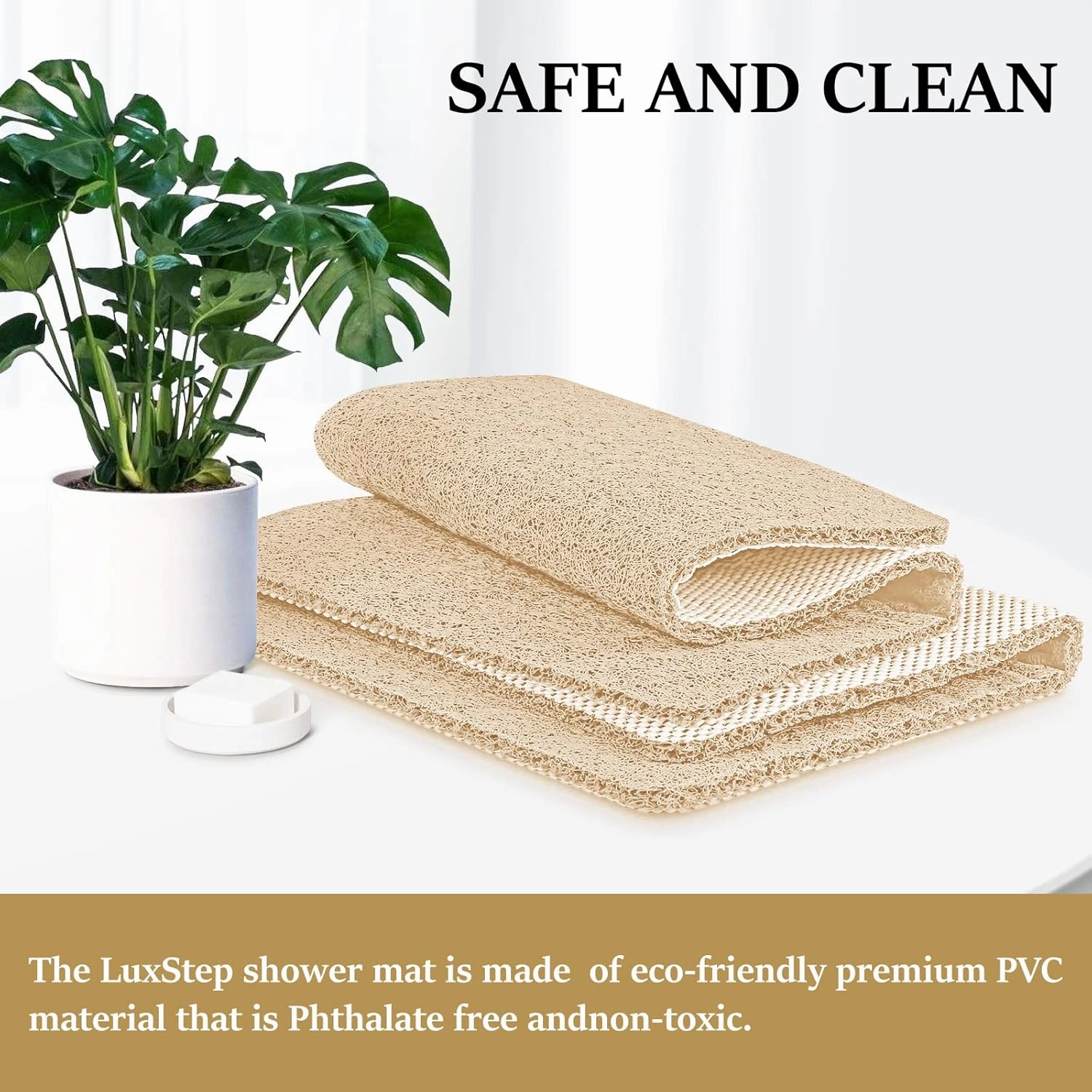 LuxStep Shower Mat Bathtub Mat,24x16 inch, Non-Slip Bath Mat with Drain, Quick Drying PVC Loofah Bathmat for Tub,Shower,Bathroom (Phthalate Free,Khaki)