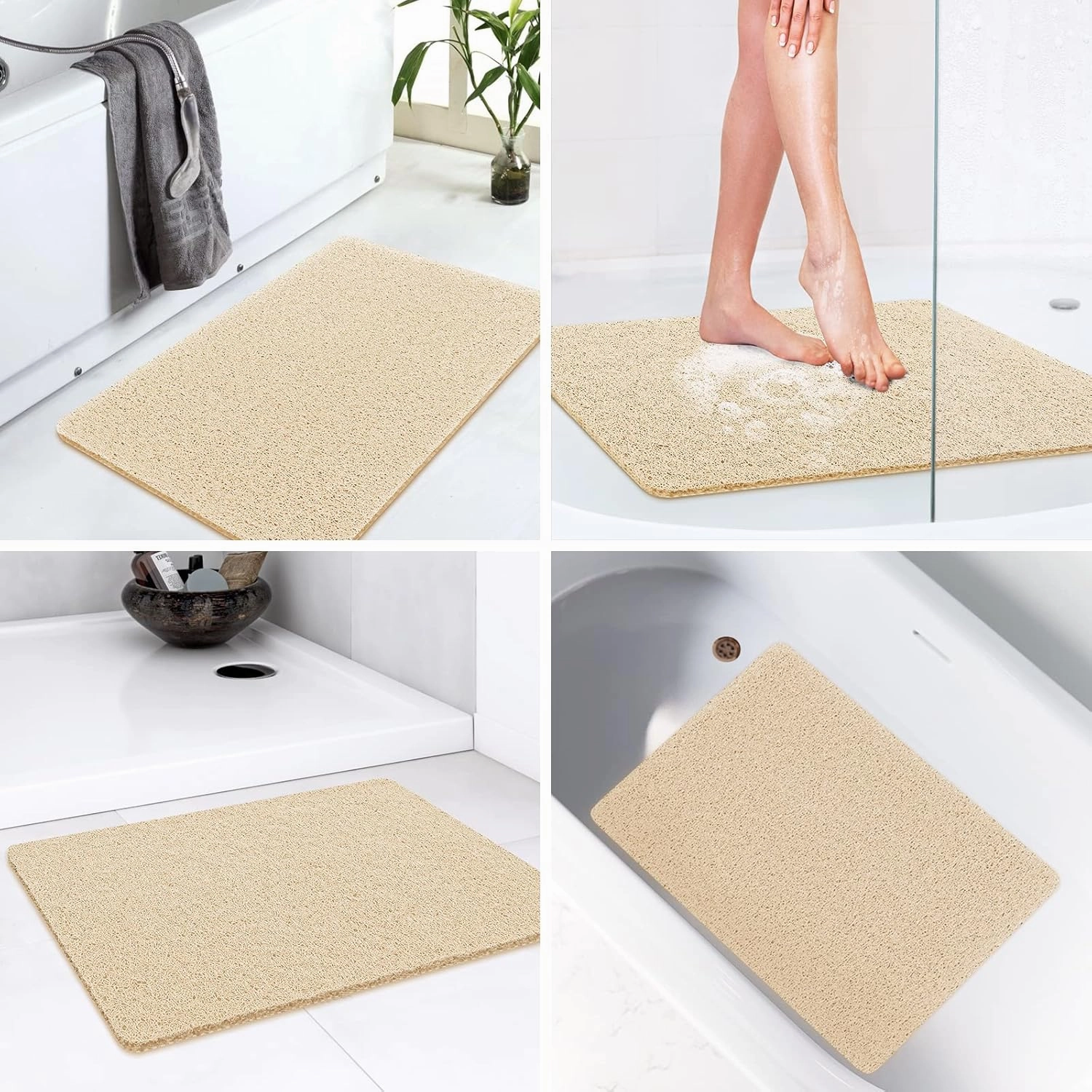 LuxStep Shower Mat Bathtub Mat,24x16 inch, Non-Slip Bath Mat with Drain, Quick Drying PVC Loofah Bathmat for Tub,Shower,Bathroom (Phthalate Free,Khaki)