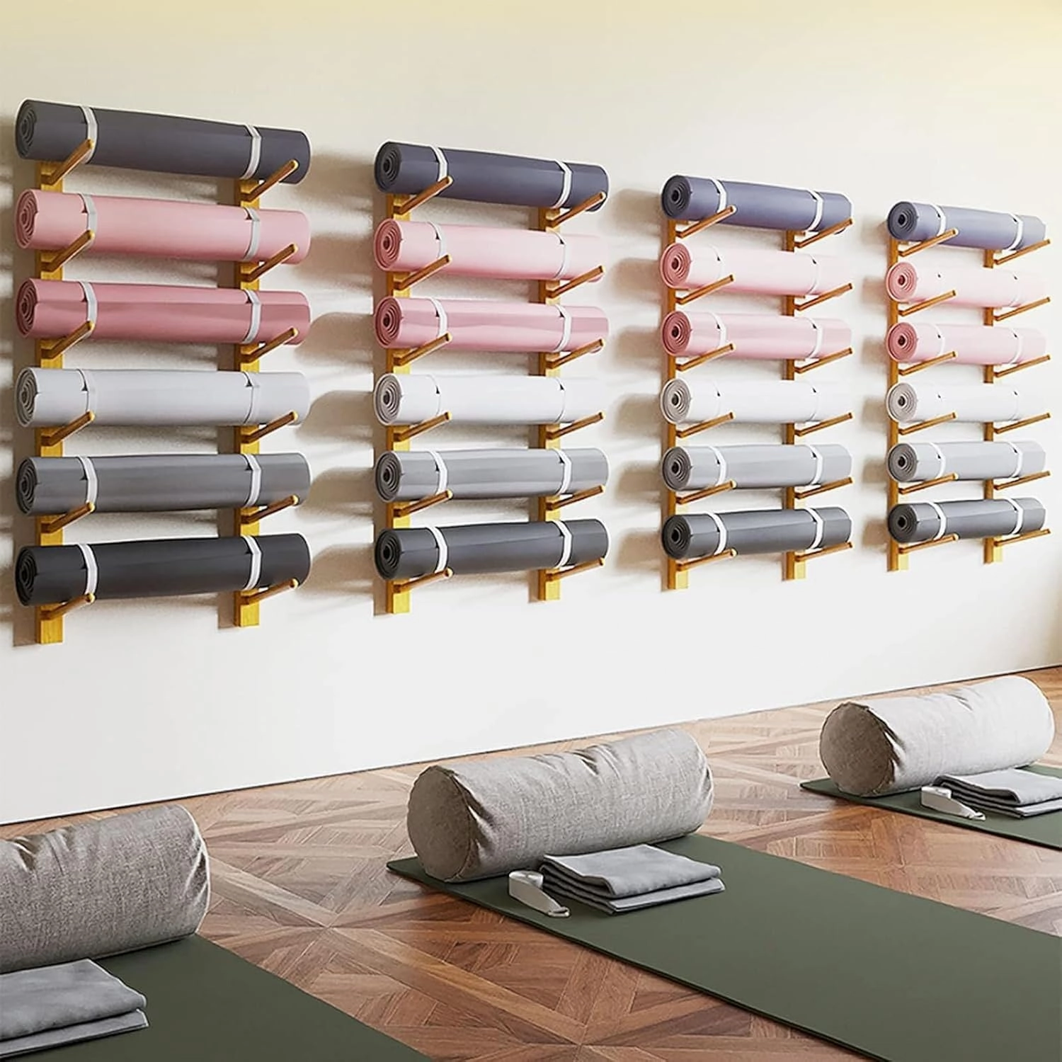 LXXW Foam Roller Storage Rack Yoga Mat Weight Rack Wall Mount Yoga Mat Holder 2-9 Tiers Wood Gym Exercise Mat Storage Rack Yoga mat Storage(5)