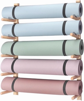 LXXW Foam Roller Storage Rack Yoga Mat Weight Rack Wall Mount Yoga Mat Holder 2-9 Tiers Wood Gym Exercise Mat Storage Rack Yoga mat Storage(5)