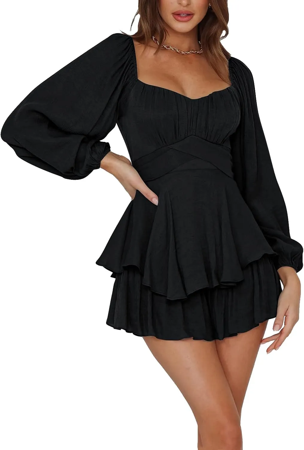 LYANER Women's Jumpsuit Lantern Long Sleeve Ruffle Layer Tie Mini Short Romper