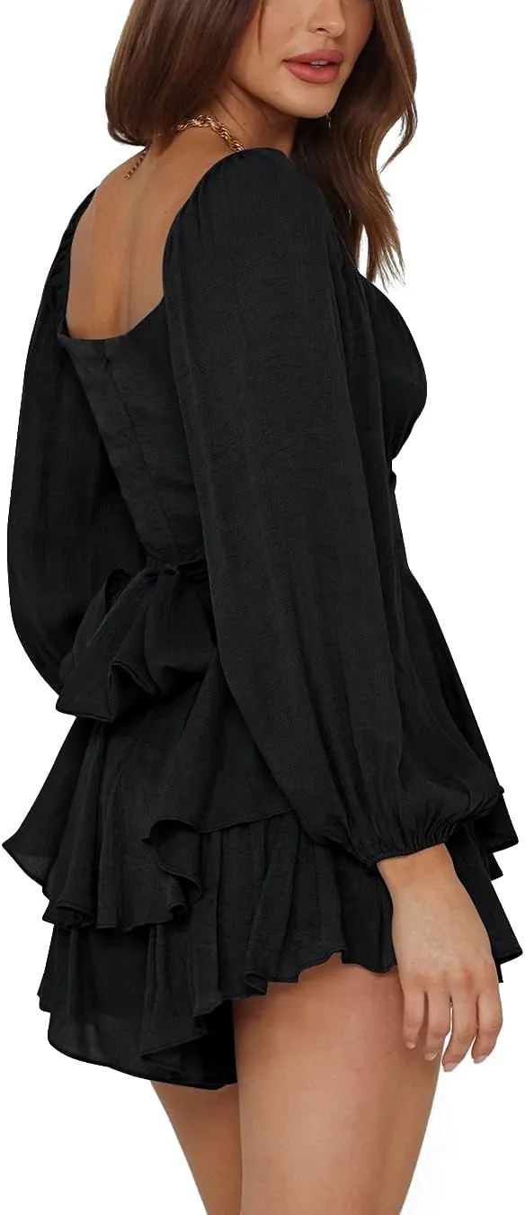 LYANER Women's Jumpsuit Lantern Long Sleeve Ruffle Layer Tie Mini Short Romper
