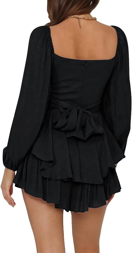 LYANER Women's Jumpsuit Lantern Long Sleeve Ruffle Layer Tie Mini Short Romper