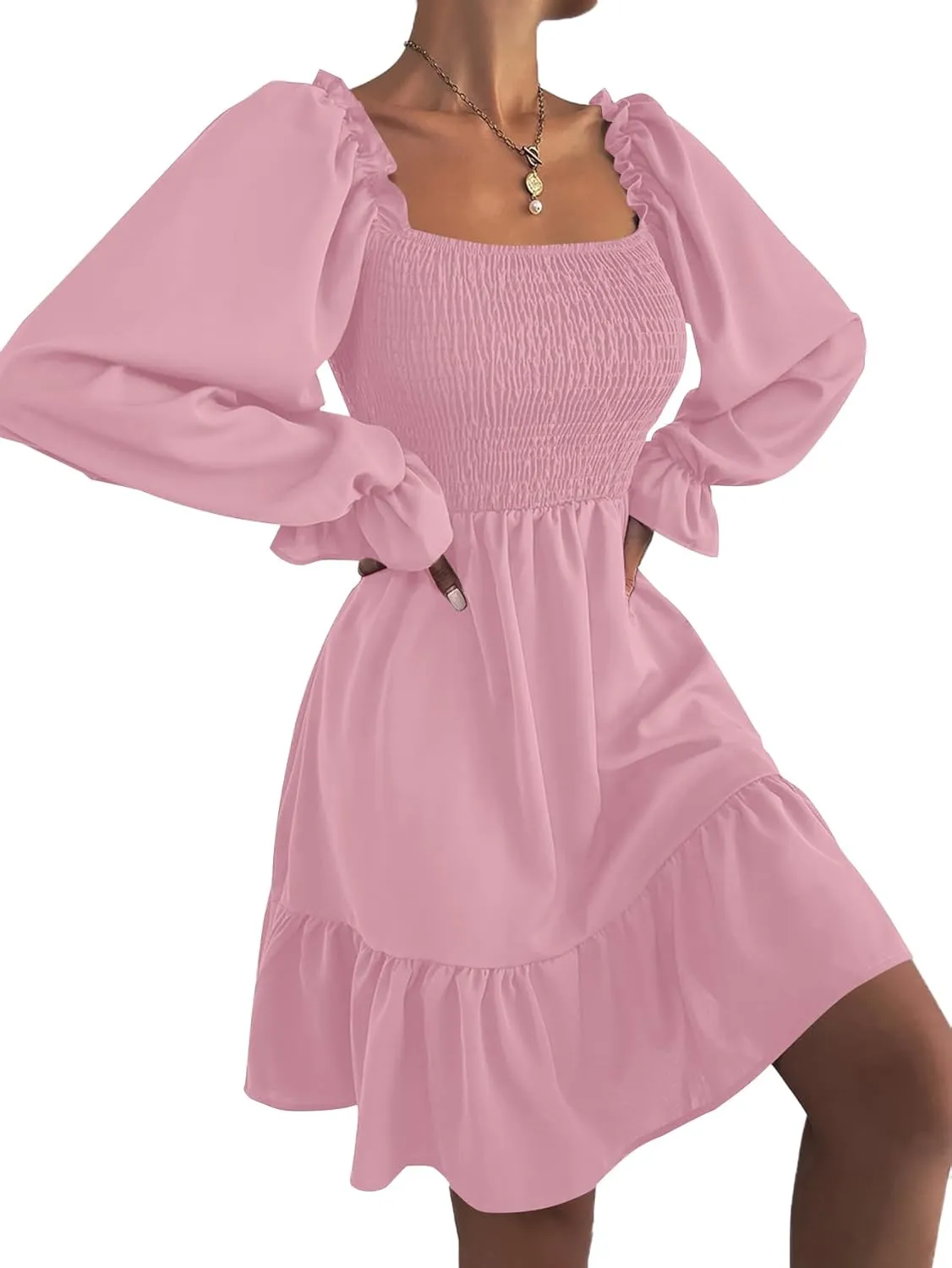 LYANER Women's Square Neck Lantern Long Sleeve Ruffle Shirred Flowy Party Mini Dress