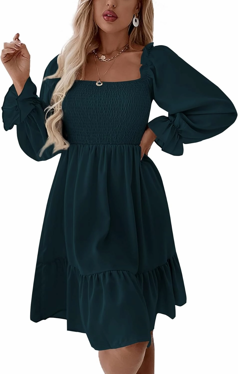 LYANER Women's Square Neck Lantern Long Sleeve Ruffle Shirred Flowy Party Mini Dress