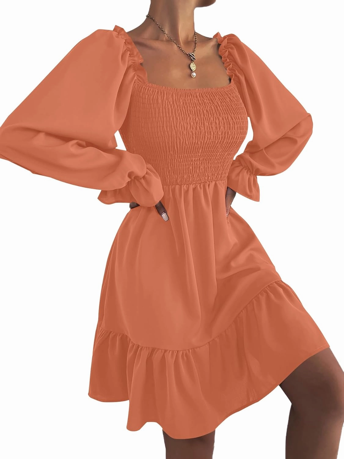 LYANER Women's Square Neck Lantern Long Sleeve Ruffle Shirred Flowy Party Mini Dress