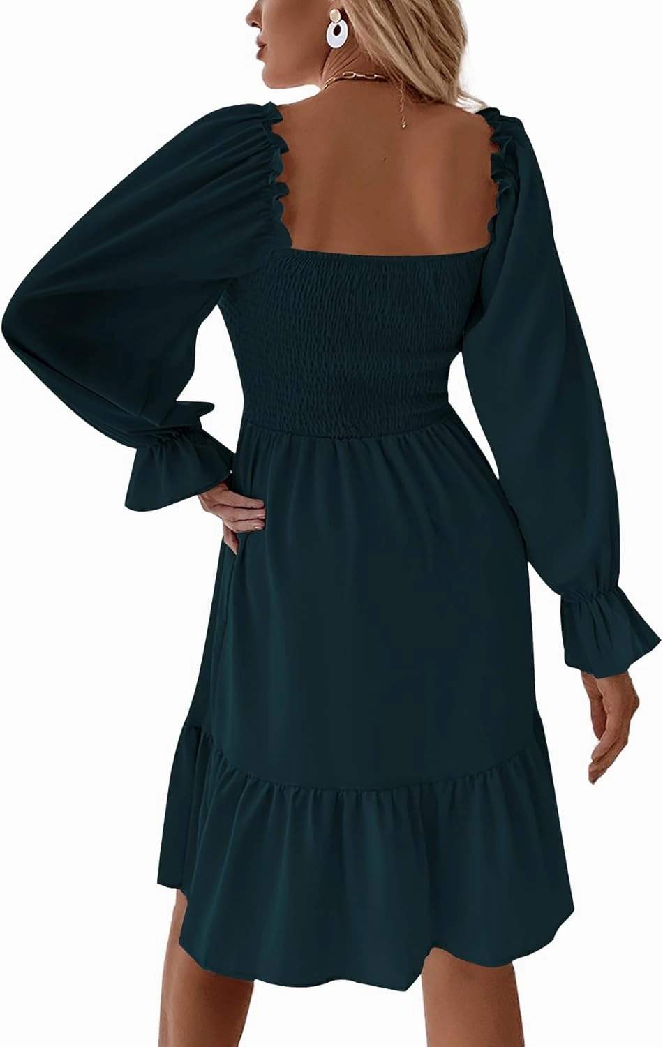 LYANER Women's Square Neck Lantern Long Sleeve Ruffle Shirred Flowy Party Mini Dress