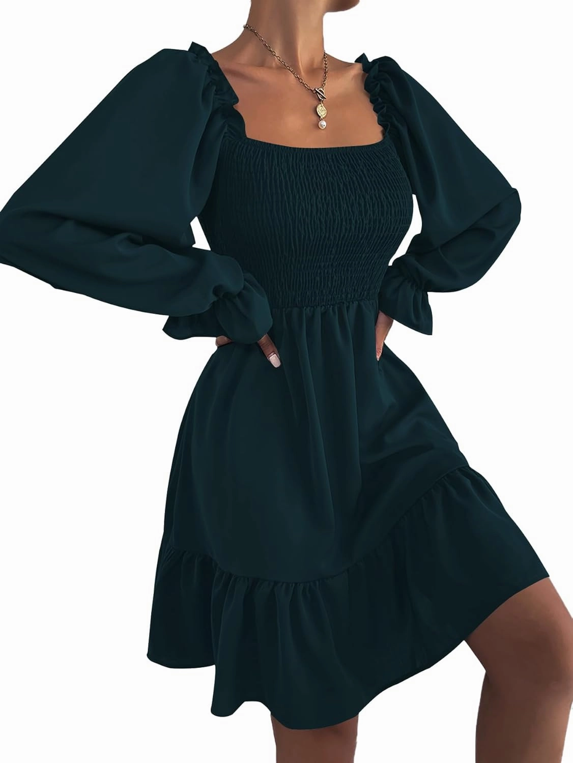 LYANER Women's Square Neck Lantern Long Sleeve Ruffle Shirred Flowy Party Mini Dress
