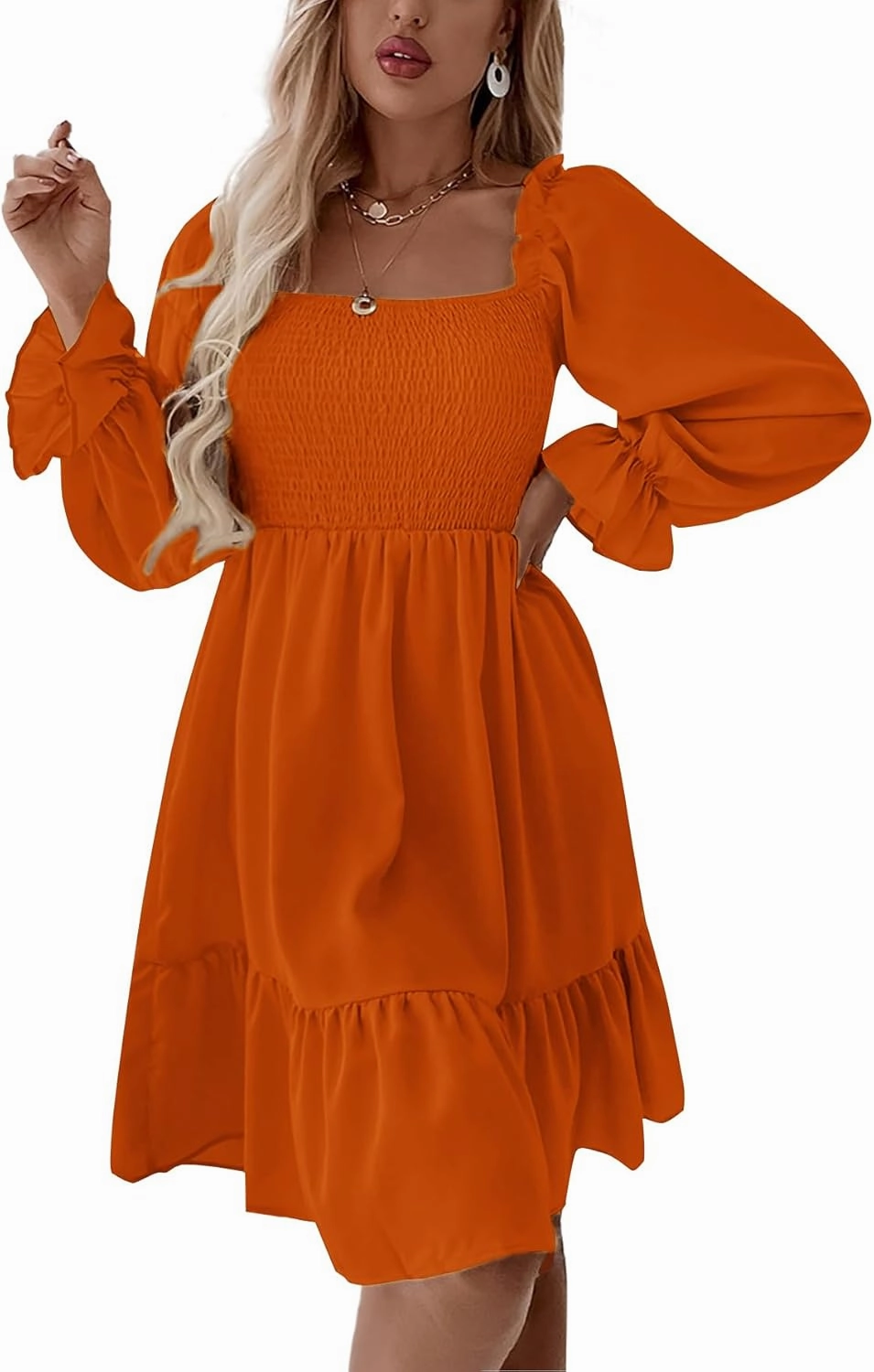 LYANER Women's Square Neck Lantern Long Sleeve Ruffle Shirred Flowy Party Mini Dress