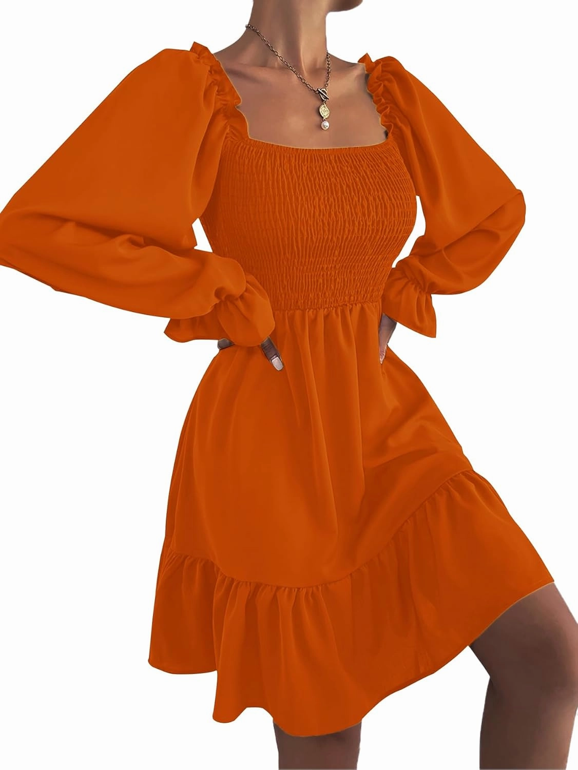 LYANER Women's Square Neck Lantern Long Sleeve Ruffle Shirred Flowy Party Mini Dress