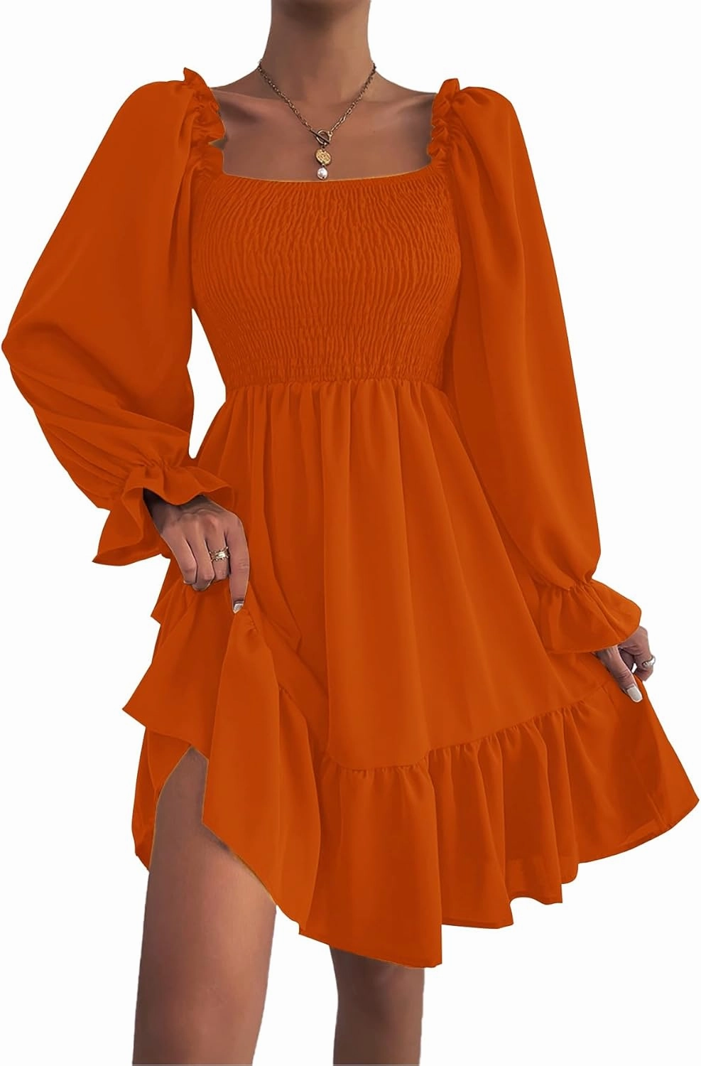 LYANER Women's Square Neck Lantern Long Sleeve Ruffle Shirred Flowy Party Mini Dress
