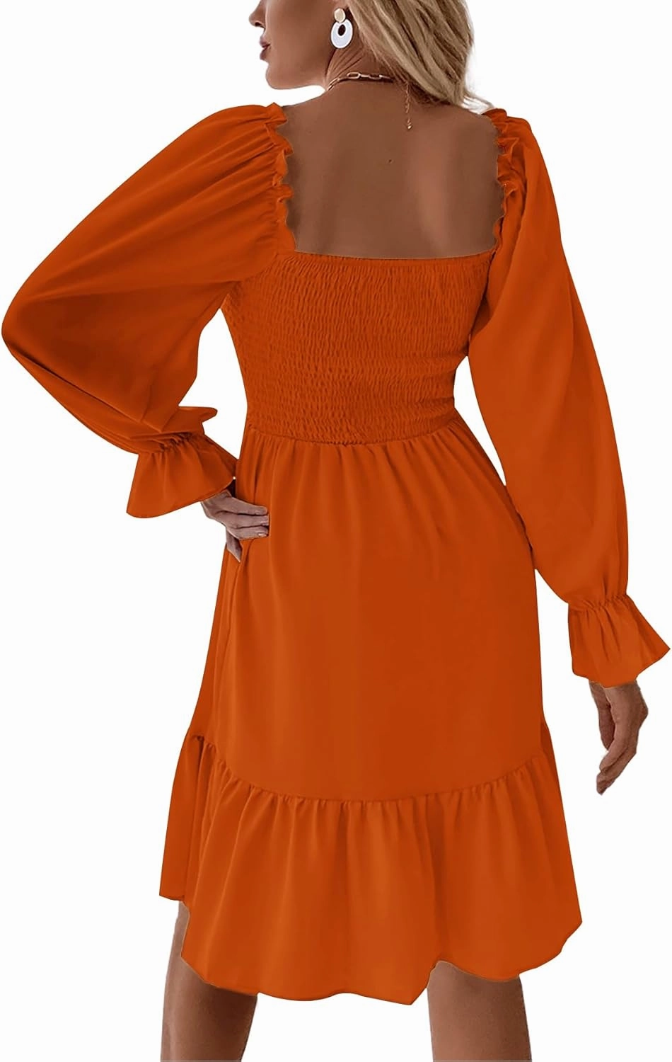 LYANER Women's Square Neck Lantern Long Sleeve Ruffle Shirred Flowy Party Mini Dress
