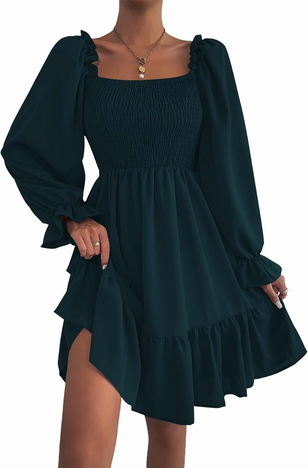 LYANER Women's Square Neck Lantern Long Sleeve Ruffle Shirred Flowy Party Mini Dress