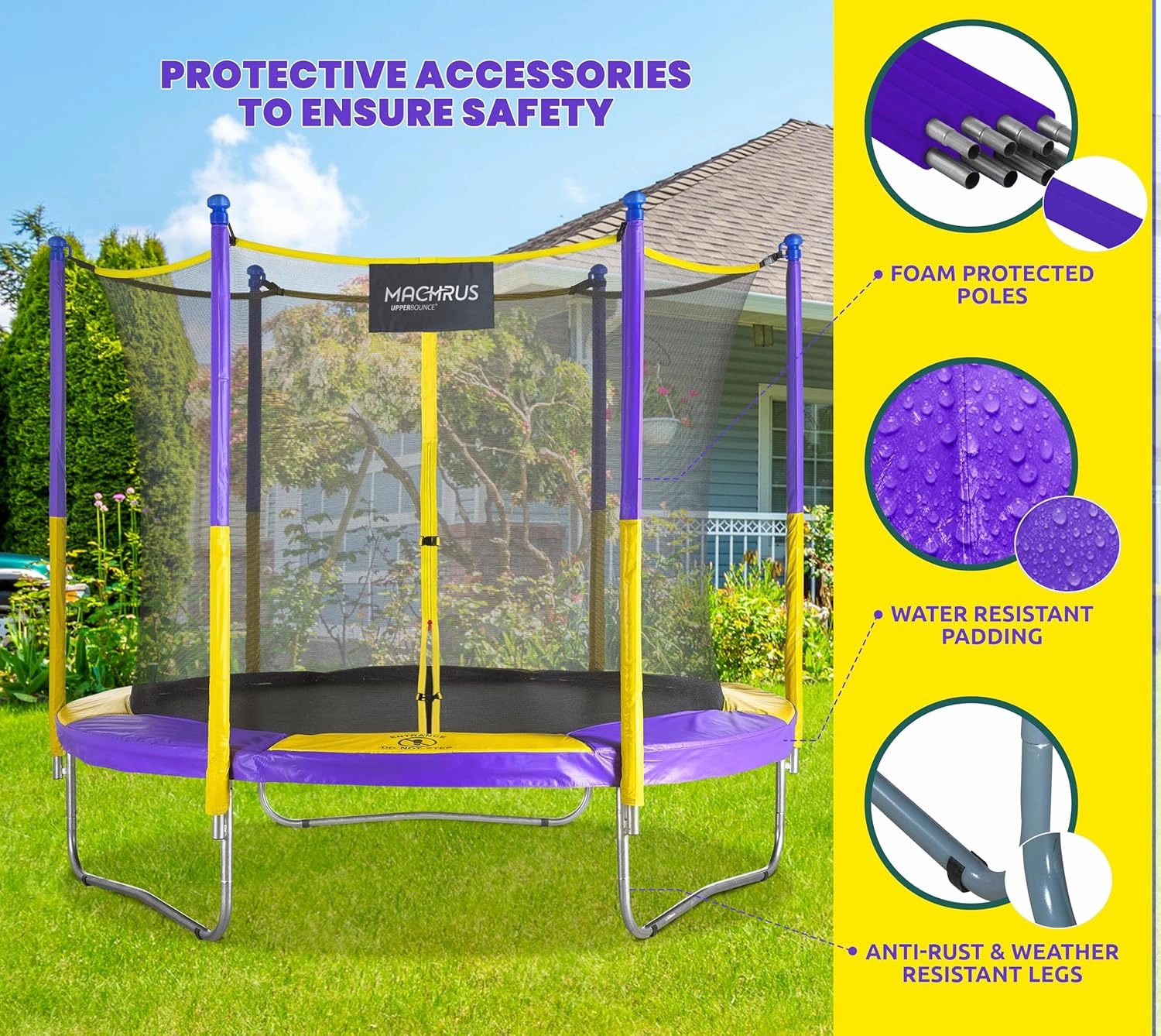 Machrus Upper Bounce Trampoline 7.5FT 9FT 10FT 12FT 14FT 15FT 16FT, Recreational Trampolines with Enclosure- ASTM Approved- Outdoor Trampoline for Kids and Adults with Safety Net and Spring Padding