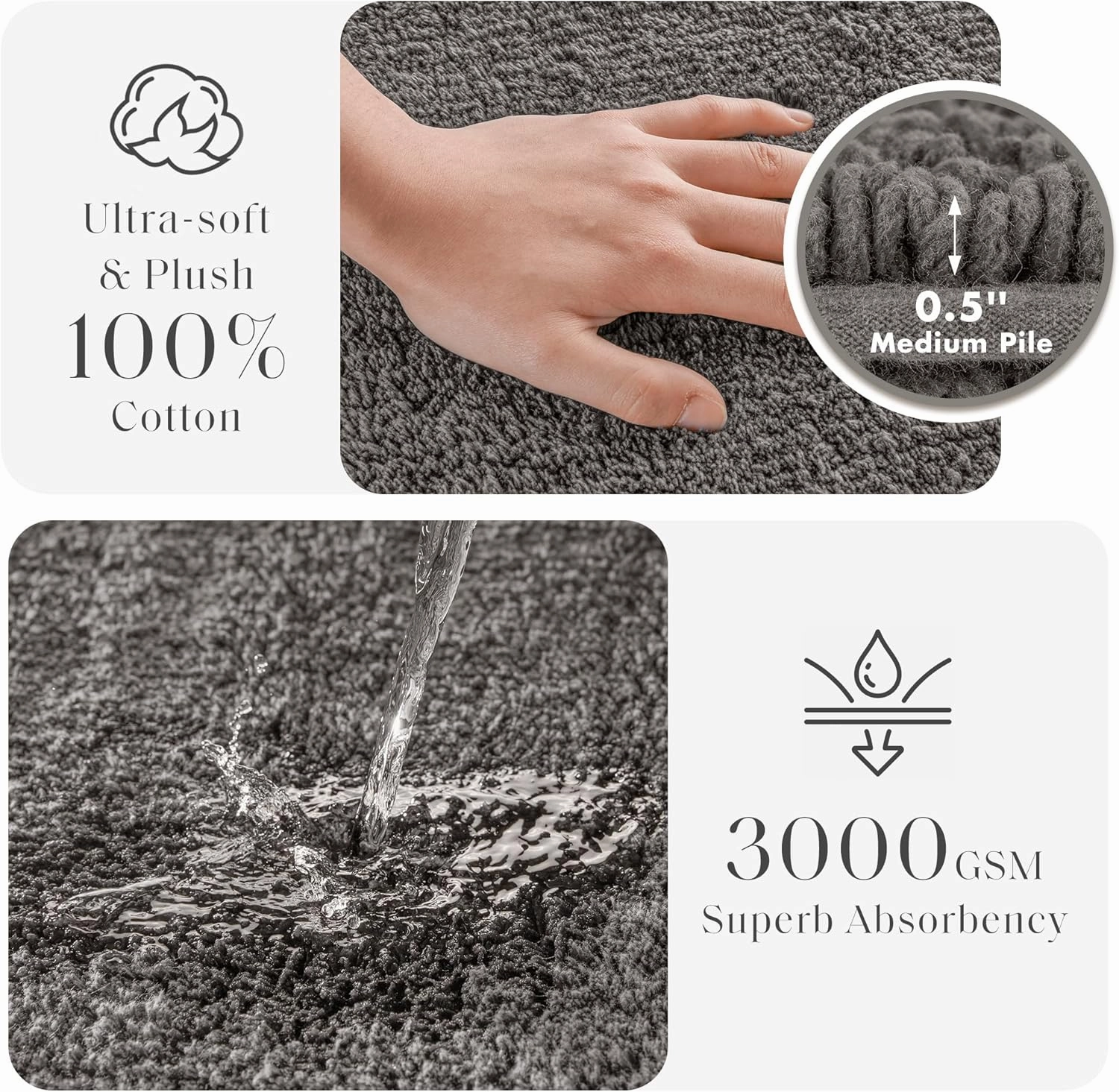 Madison Park Splendor Reversible 100% Cotton Tufted Bathroom Rug-3000 GSM Hotel Quality Luxurious Plush Medium Pile Bath Mat Absorbent, Quick Dry, Shower Room Décor, 21x34, Charcoal
