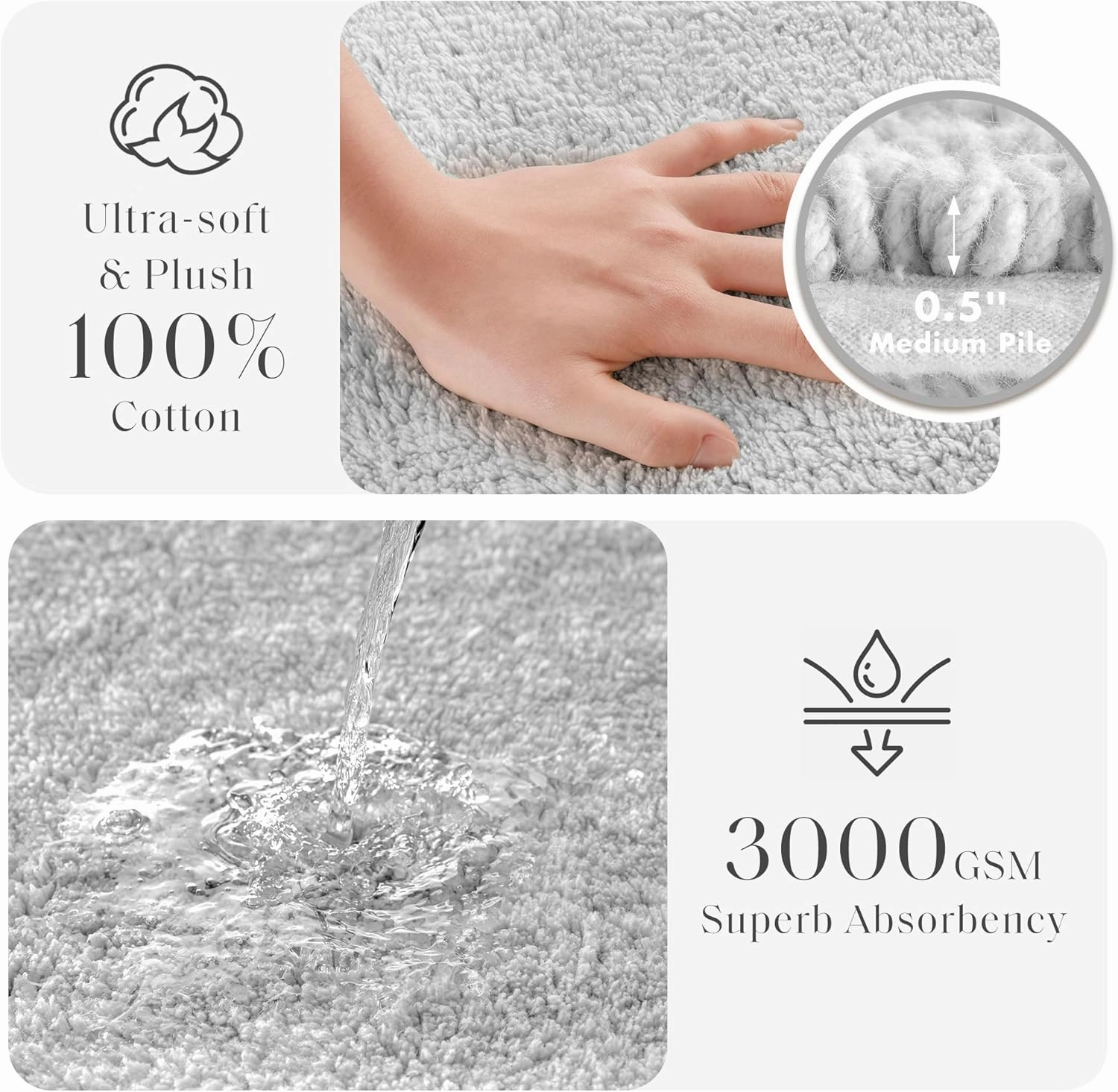 Madison Park Splendor Reversible 100% Cotton Tufted Bathroom Rug-3000 GSM Hotel Quality Luxurious Plush Medium Pile Bath Mat Absorbent, Quick Dry, Shower Room Décor, 21x34, Grey