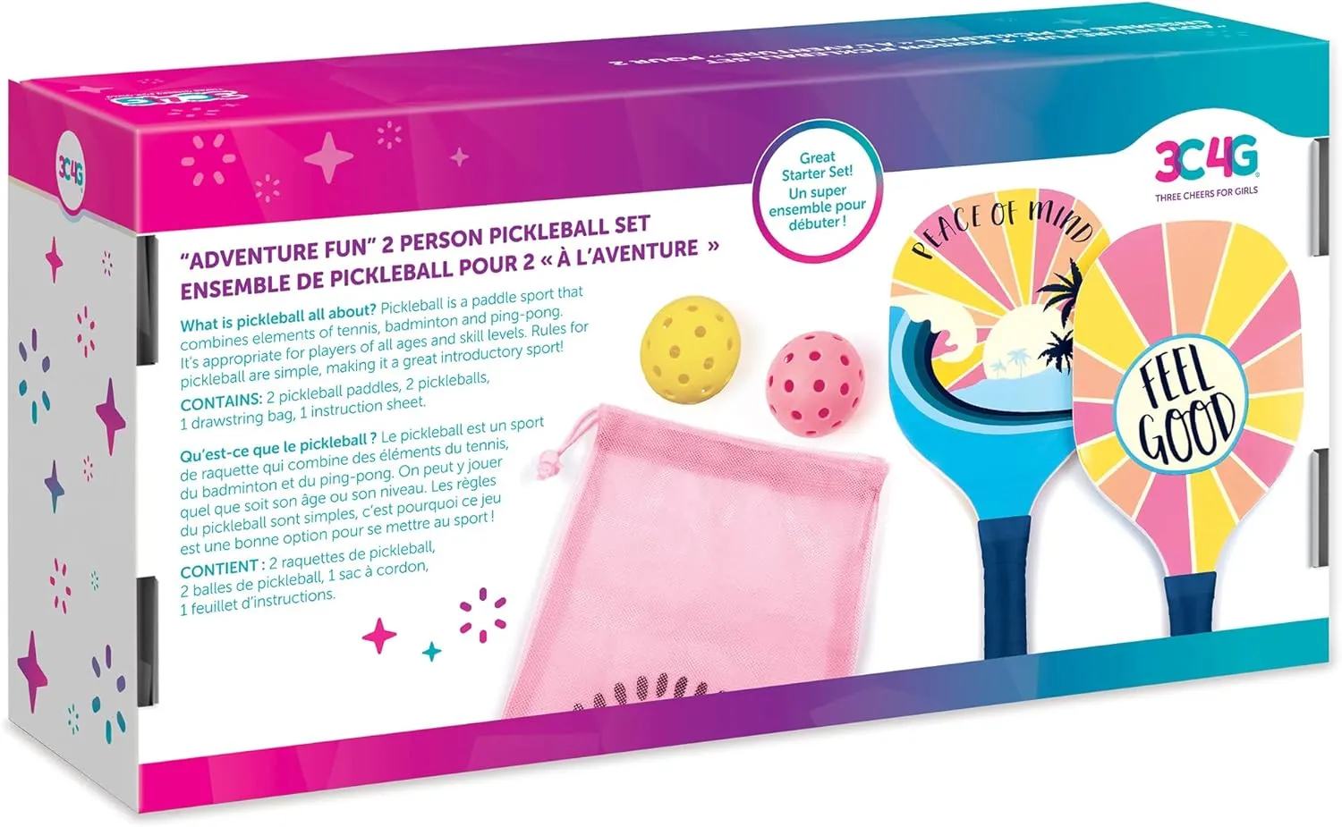 Make It Real 3C4G: Adventure Fun: 2 Person Pickleball Set - Play Pickleball Anywhere Your Heart Desires, Drawstring Dag Included, Three Cheers for Girls, Tween & Girls, Kids Ages 8 