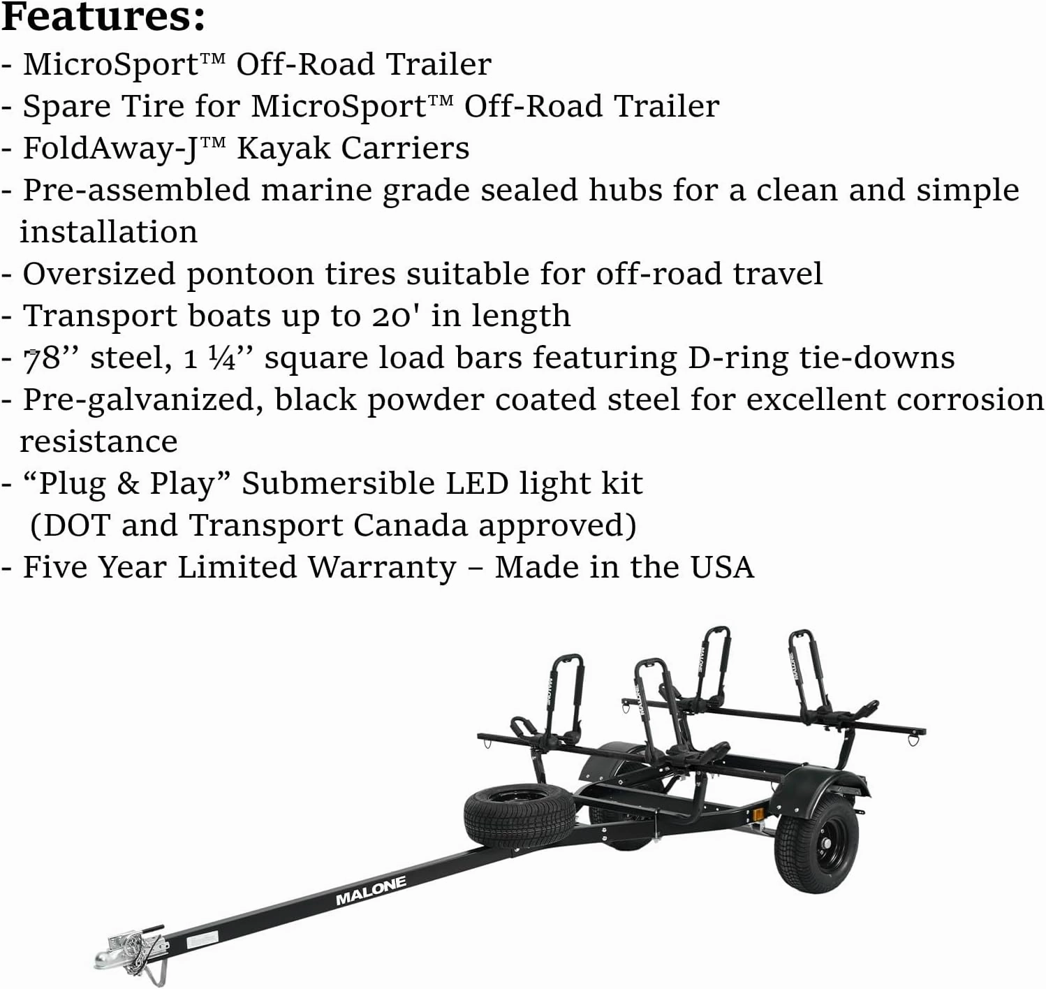 Malone MPG441G2-BLK MicroSport Off-Road 2 Kayak Trailer with 2 J-Rack Kayak Carriers & Spare Tire | 20' / 800 lbs Load Capacity | Fully Submersible | Black Powder Coat Finish