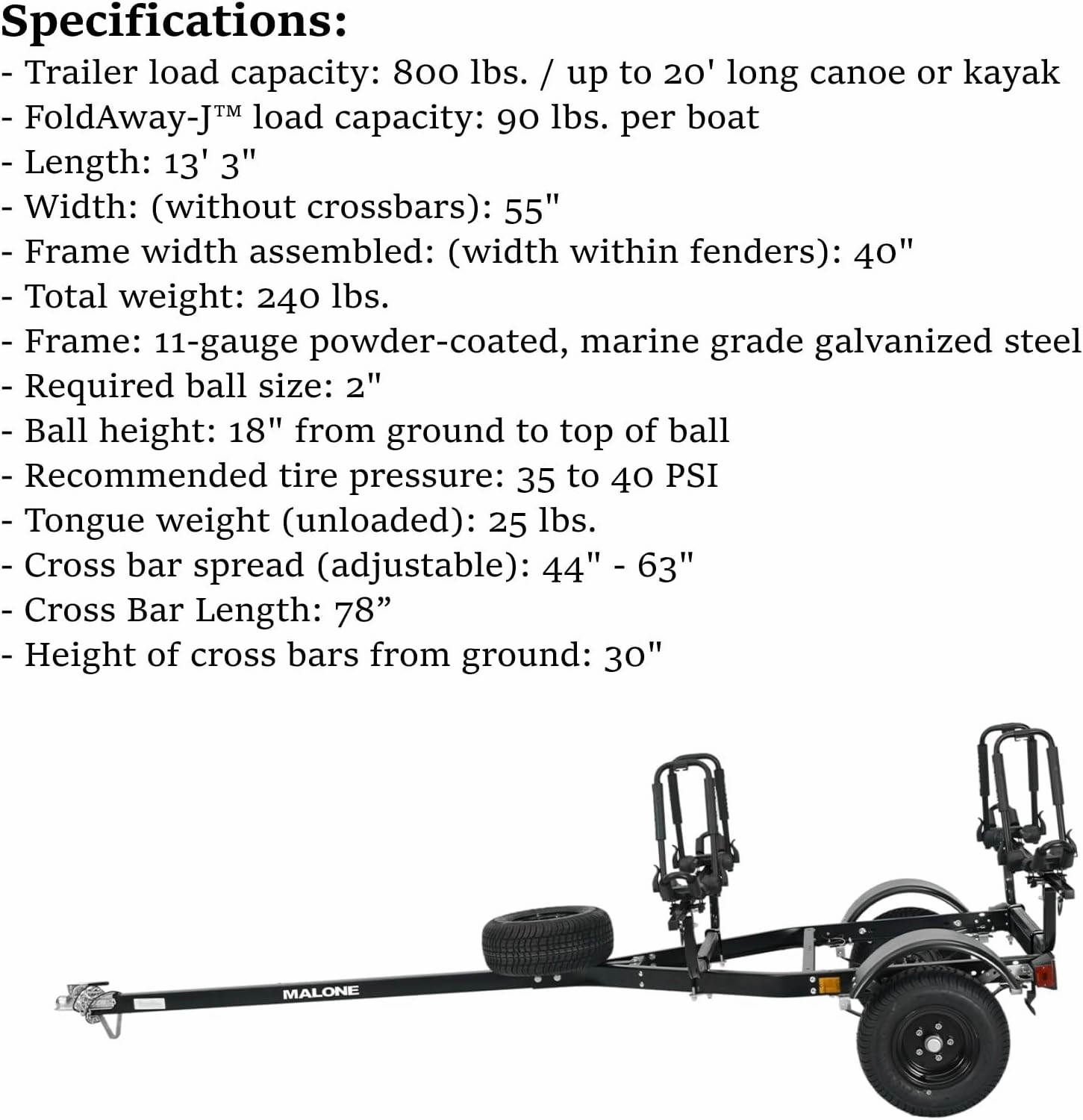 Malone MPG441G2-BLK MicroSport Off-Road 2 Kayak Trailer with 2 J-Rack Kayak Carriers & Spare Tire | 20' / 800 lbs Load Capacity | Fully Submersible | Black Powder Coat Finish