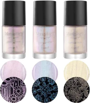 Maniology Moonbeams Iridescent Shimmer Stamping Polish Set, Shimmering Semi-Translucent Polishes, Shifting Colors (Planet Silk (B164), Curious Matter (B165), Expedition Pearl (B166))