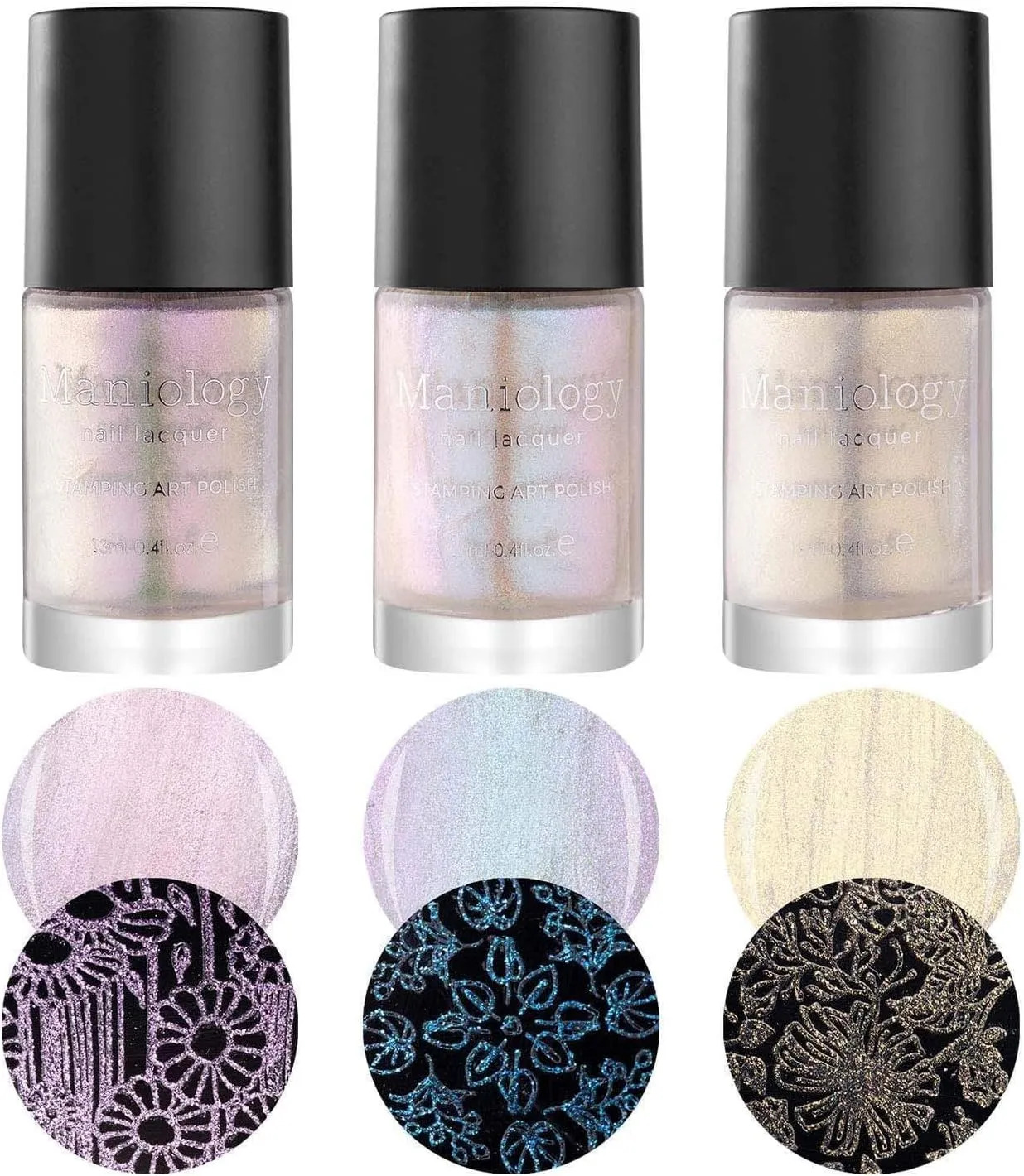 Maniology Moonbeams Iridescent Shimmer Stamping Polish Set, Shimmering Semi-Translucent Polishes, Shifting Colors (Planet Silk (B164), Curious Matter (B165), Expedition Pearl (B166))