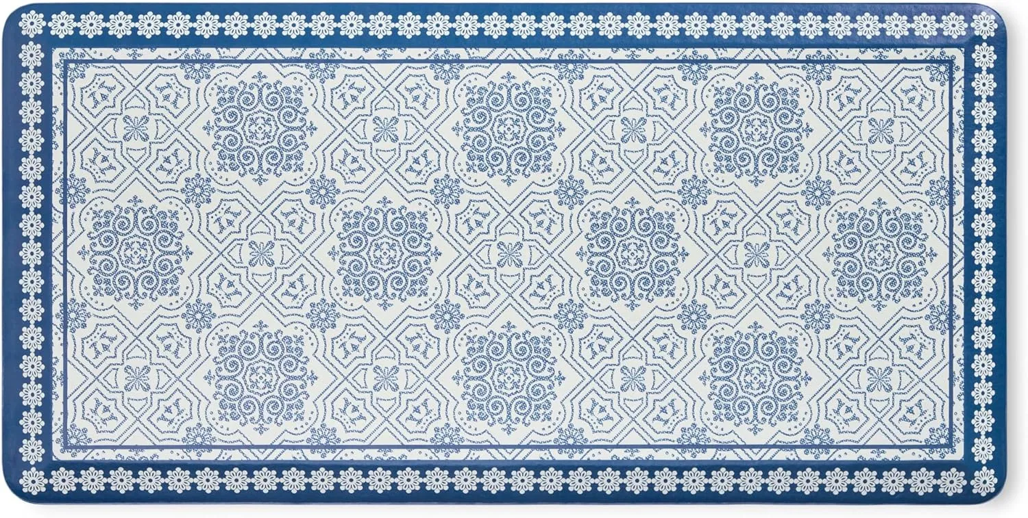 MARTHA STEWART Comfort Anti Fatigue Strie Medallion Tile Kitchen Mat, Comfort Standing Mat, Non-Slip Backing, Safe Beveled Edge, Navy Blue, 19.6" x39"
