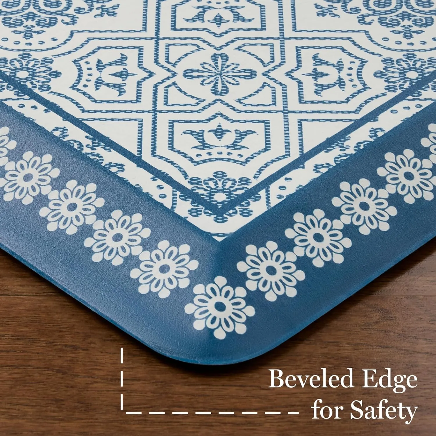 MARTHA STEWART Comfort Anti Fatigue Strie Medallion Tile Kitchen Mat, Comfort Standing Mat, Non-Slip Backing, Safe Beveled Edge, Navy Blue, 19.6" x39"