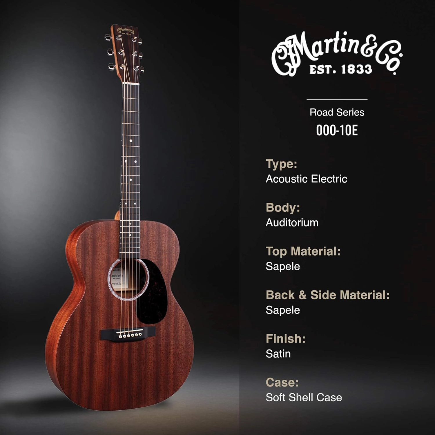 Martin Guitar Road Series 000-10E Acoustic-Electric Guitar with Gig Bag, Sapele Wood Construction, 000-14 Fret and Performing Artist Neck Shape with High-Performance Taper Cherry