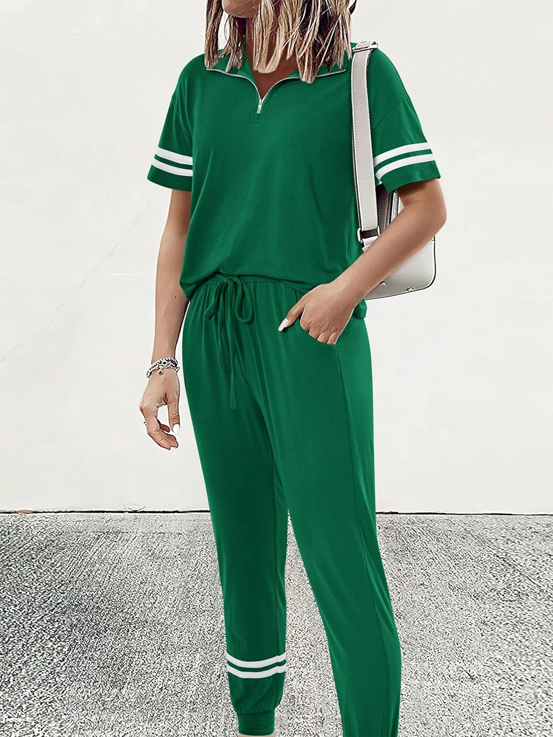 MASCOMODA 2 Piece Outfits for Women 2025 Summer Casual Quarter Zip Short Sleeve Tops Long Pants Tracksuit Jogger Lounge Sets