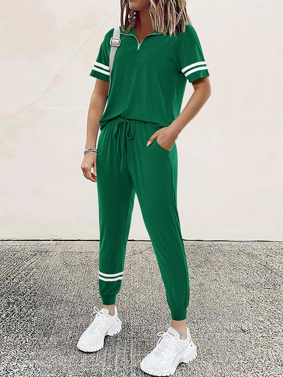 MASCOMODA 2 Piece Outfits for Women 2025 Summer Casual Quarter Zip Short Sleeve Tops Long Pants Tracksuit Jogger Lounge Sets