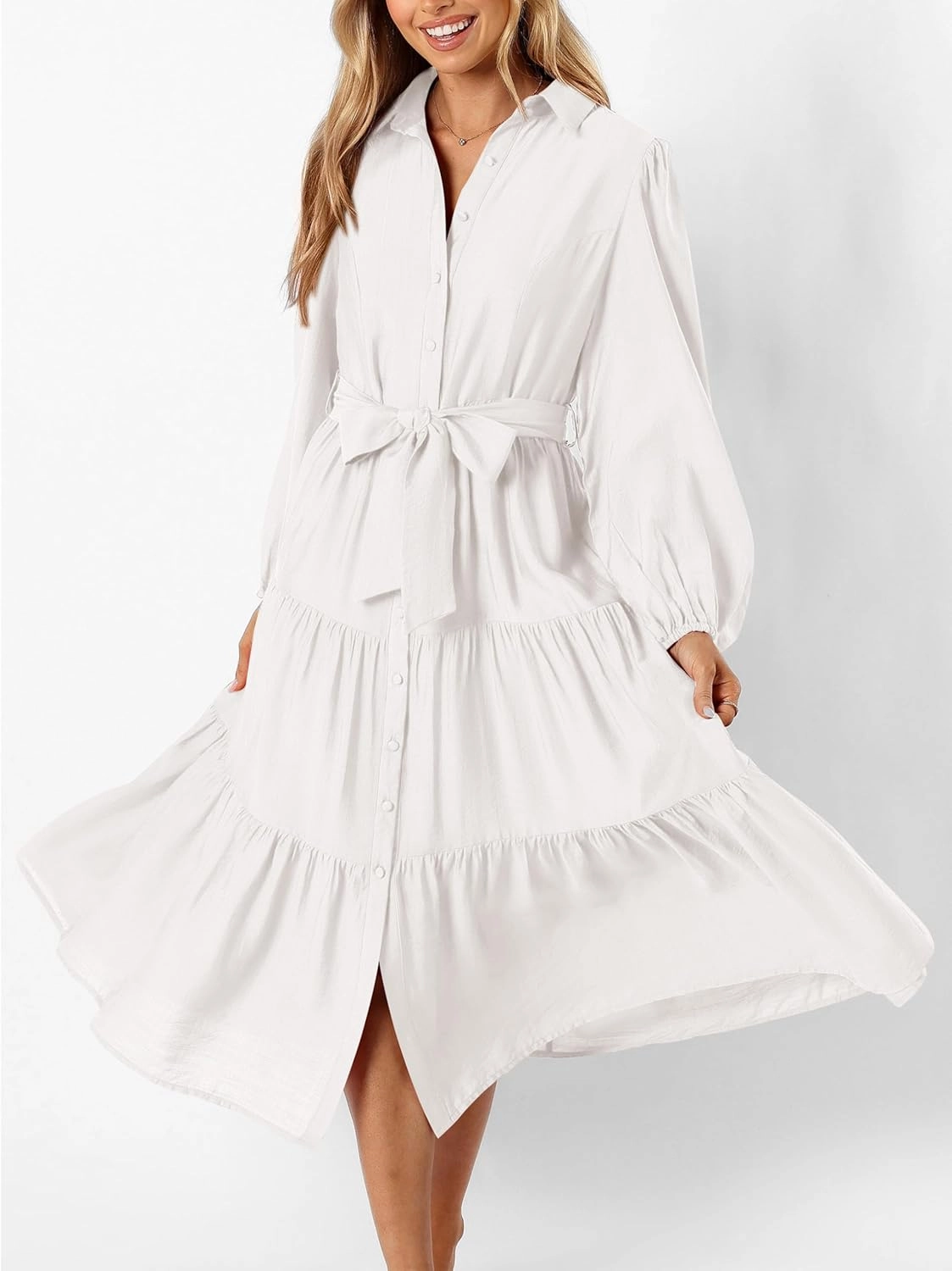 MASCOMODA Womens Dresses 2025 Fall Long Sleeve Midi Dress Casual V Neck Button Down Tiered Flowy Aline Tie Waist Shirt Dress