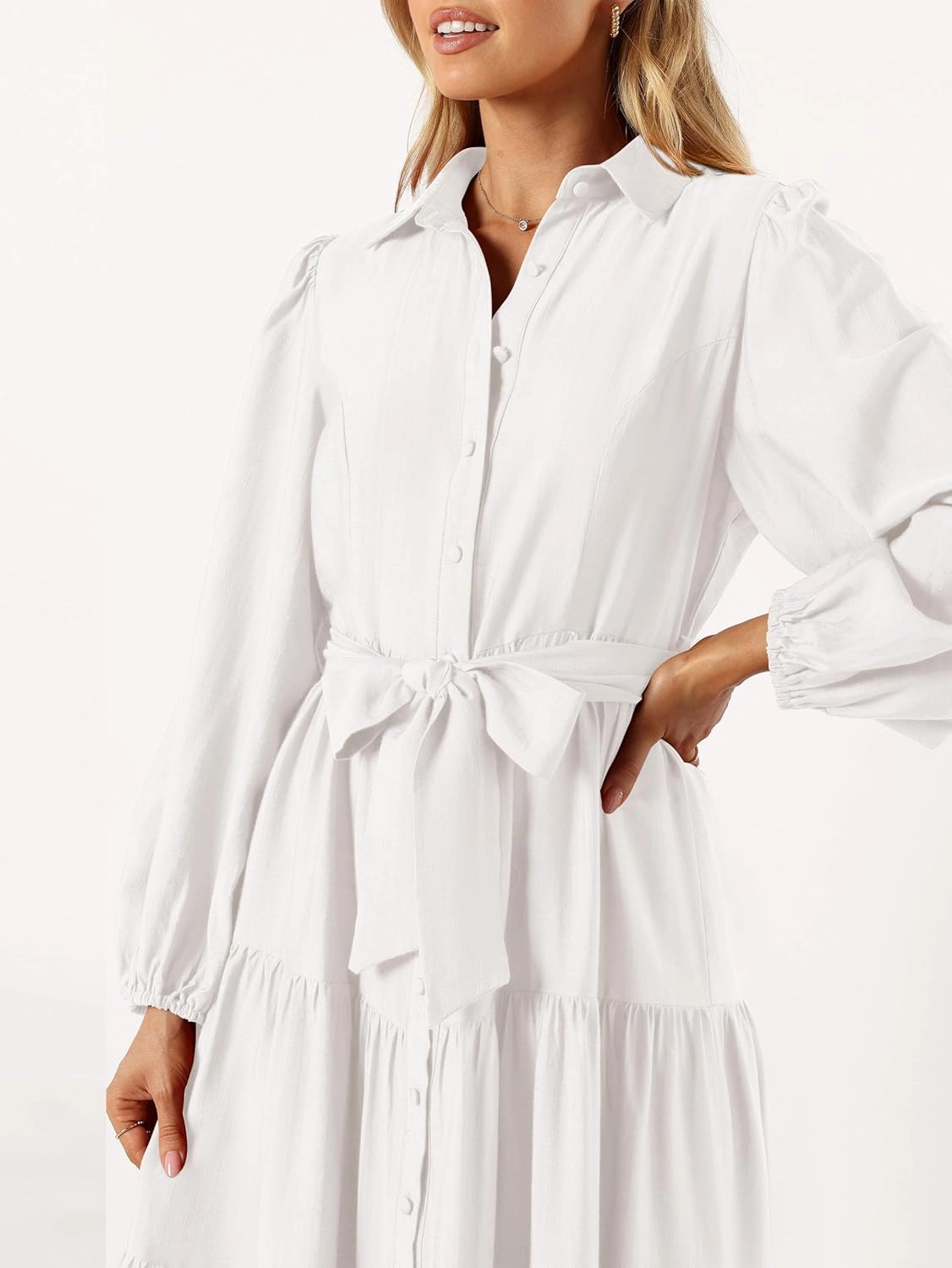 MASCOMODA Womens Dresses 2025 Fall Long Sleeve Midi Dress Casual V Neck Button Down Tiered Flowy Aline Tie Waist Shirt Dress