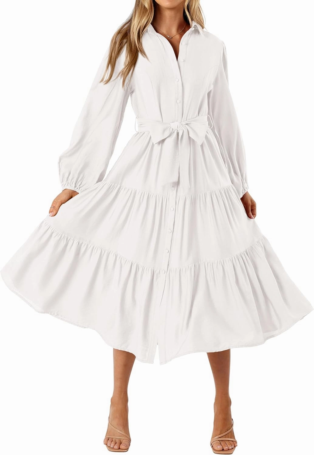 MASCOMODA Womens Dresses 2025 Fall Long Sleeve Midi Dress Casual V Neck Button Down Tiered Flowy Aline Tie Waist Shirt Dress