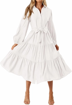 MASCOMODA Womens Dresses 2025 Fall Long Sleeve Midi Dress Casual V Neck Button Down Tiered Flowy Aline Tie Waist Shirt Dress