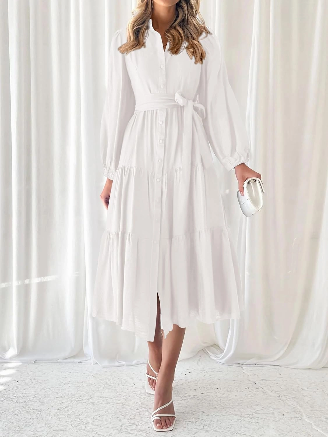 MASCOMODA Womens Dresses 2025 Fall Long Sleeve Midi Dress Casual V Neck Button Down Tiered Flowy Aline Tie Waist Shirt Dress