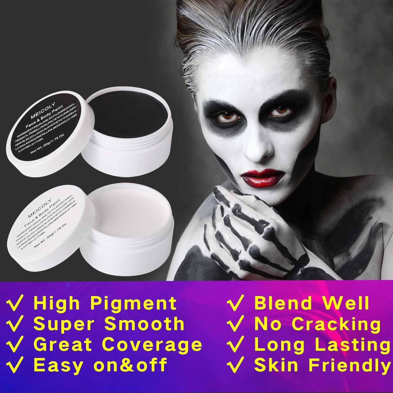 MEICOLY 7Pcs Halloween Makeup Kit - Black & White Face Paint, Oil Based Face & Body Paint for Adults & Kids - SFX Joker, Zombie, Vampire, Skull, Skeleton Makeup