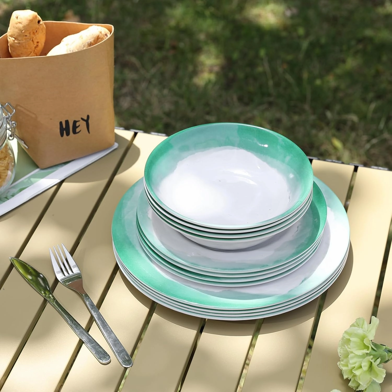 Melamine Dinnerware Sets, 12pcs Plates and Bowls Set, service for 4, Dishwasher Safe, Indoor and Outdoor Use, Green Melamine dishes