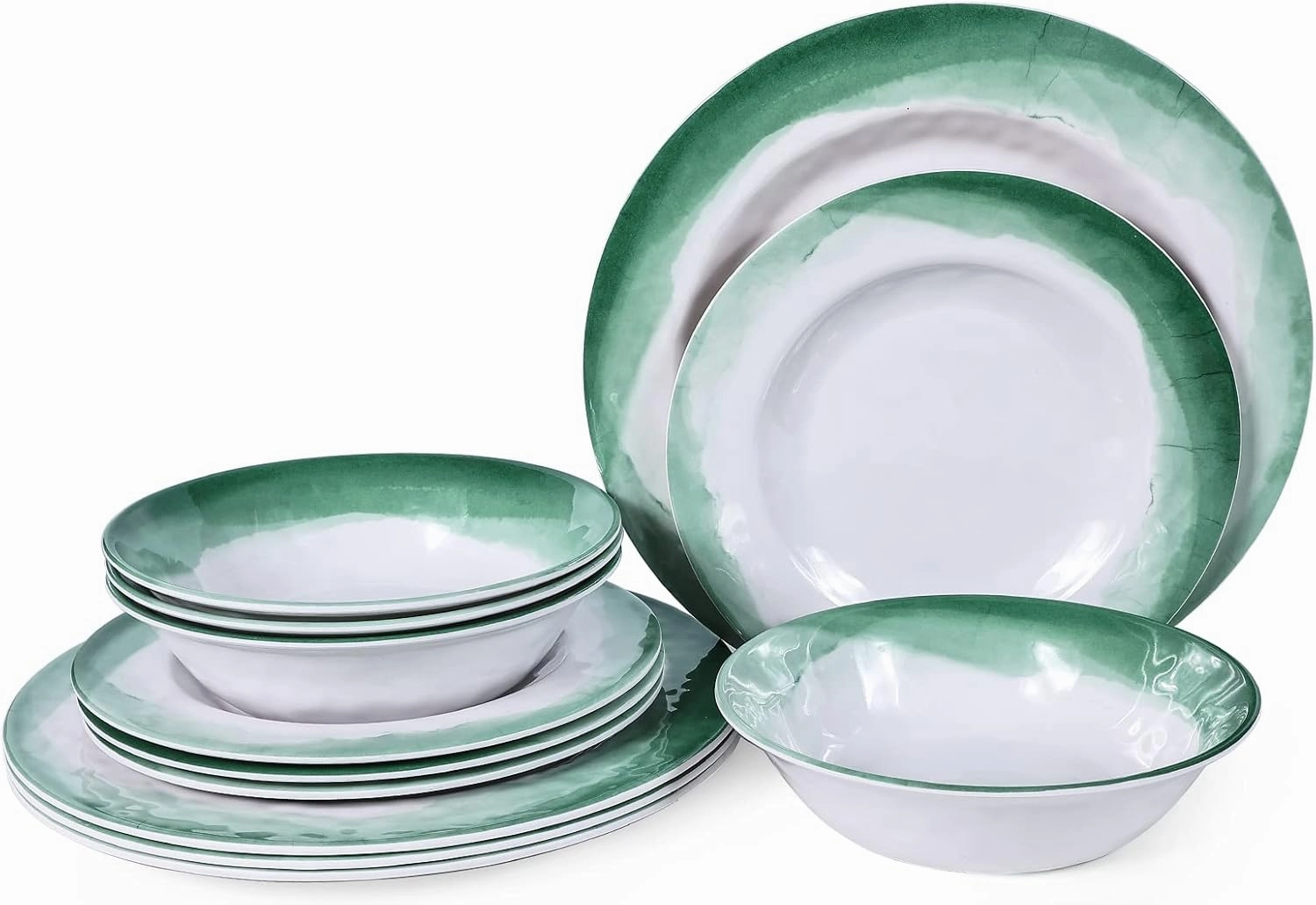 Melamine Dinnerware Sets, 12pcs Plates and Bowls Set, service for 4, Dishwasher Safe, Indoor and Outdoor Use, Green Melamine dishes