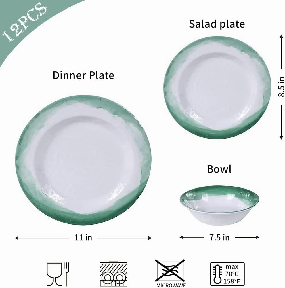 Melamine Dinnerware Sets, 12pcs Plates and Bowls Set, service for 4, Dishwasher Safe, Indoor and Outdoor Use, Green Melamine dishes