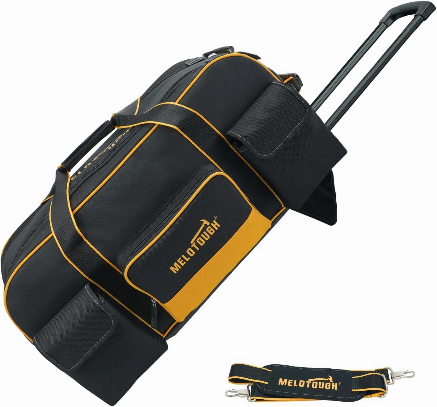 MELOTOUGH Rolling Tool Bag with Wheels,Large Capacity Tool Bag Organizer with Concealed Telescoping Handle for Electrician,Construction,HVAC,Technician (Yellow/Black)