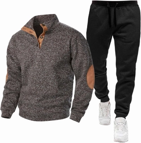 Men Sport Set Stand Collar Button Down Long Sleeve Elbow Patch Sweatshirt Pant Sport Set Fashion Workout Jogging Suit