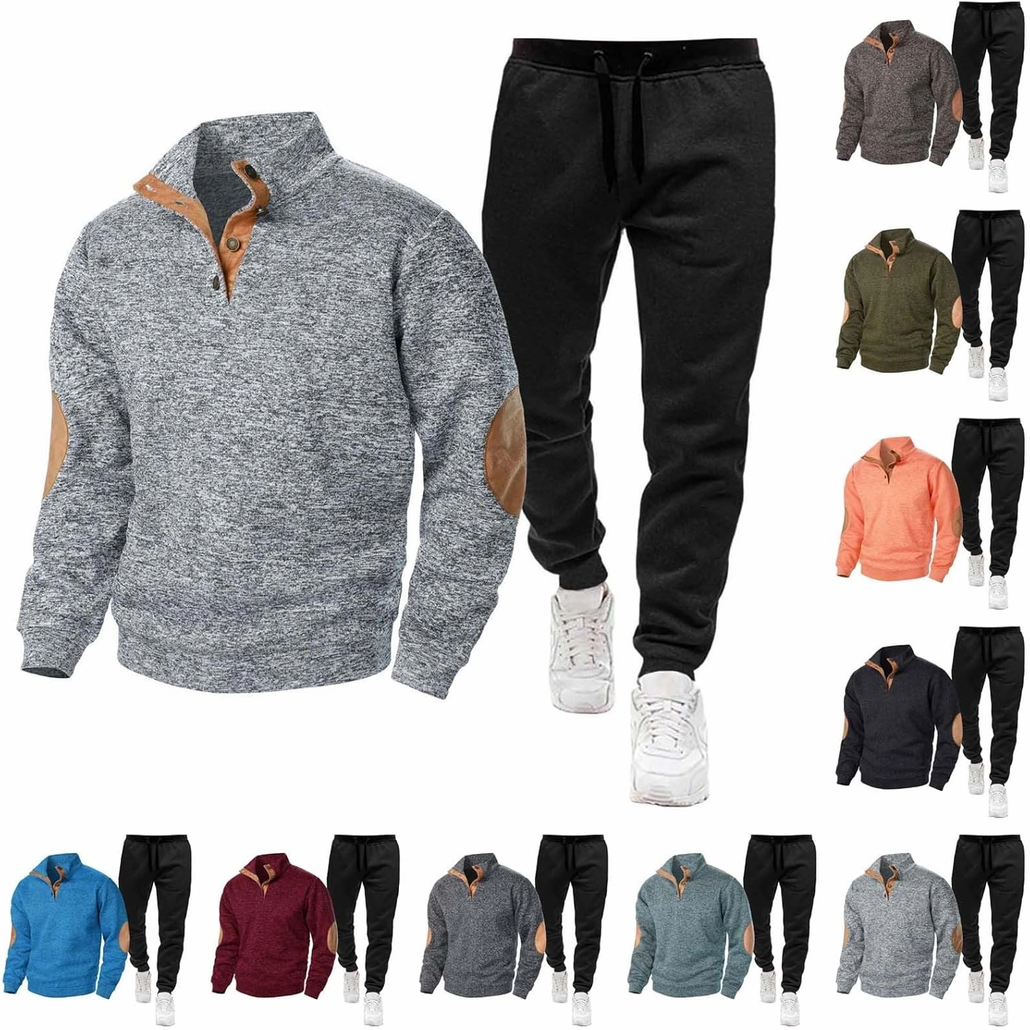 Men Sport Set Stand Collar Button Down Long Sleeve Elbow Patch Sweatshirt Pant Sport Set Fashion Workout Jogging Suit
