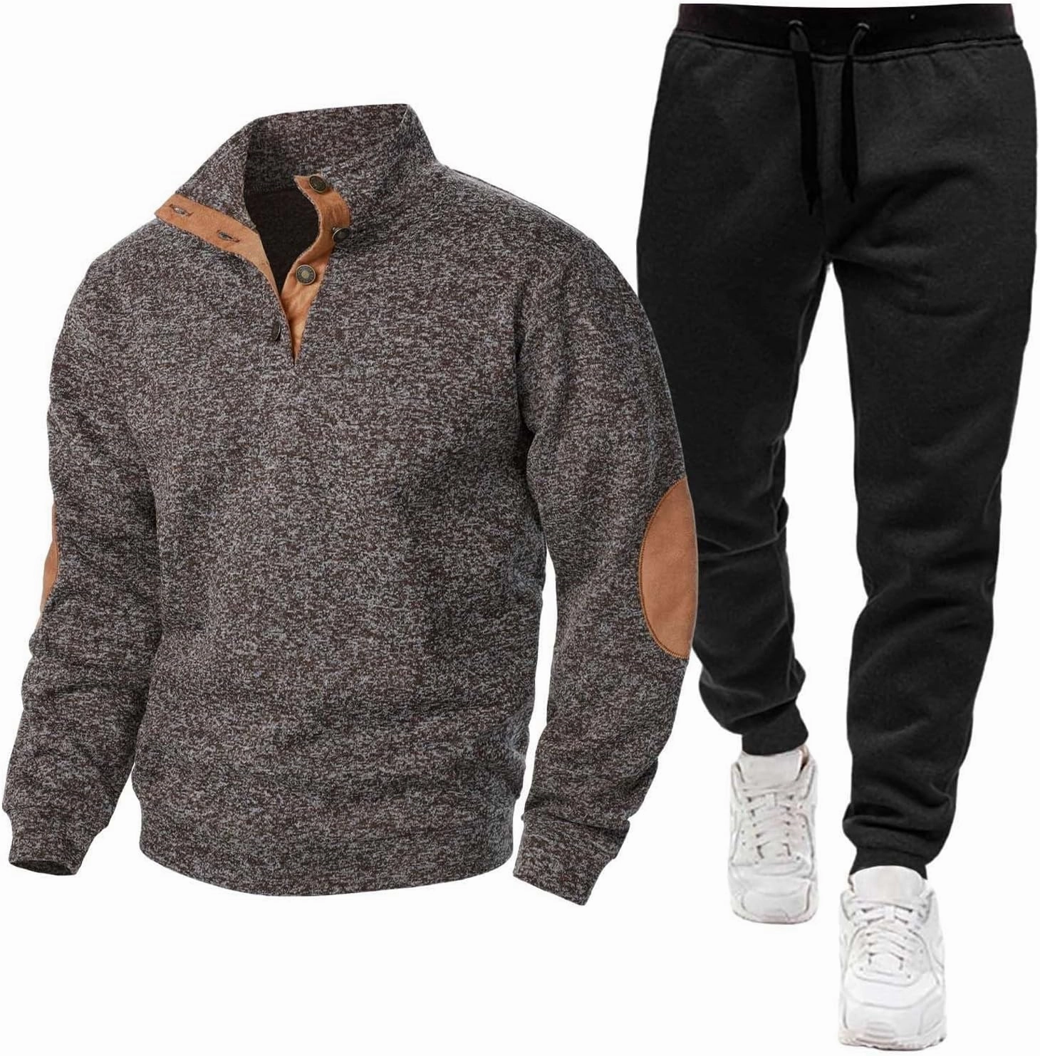 Men Sport Set Stand Collar Button Down Long Sleeve Elbow Patch Sweatshirt Pant Sport Set Fashion Workout Jogging Suit