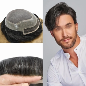 Men Toupee Human Hair Lace Front Hair System for Men Hair Piece Virgin Human Hair Toupee for Men Hair Replacement System Mens Hair Prosthesis 7X9#1B50#1B Off Black 50% Grey 120% Density