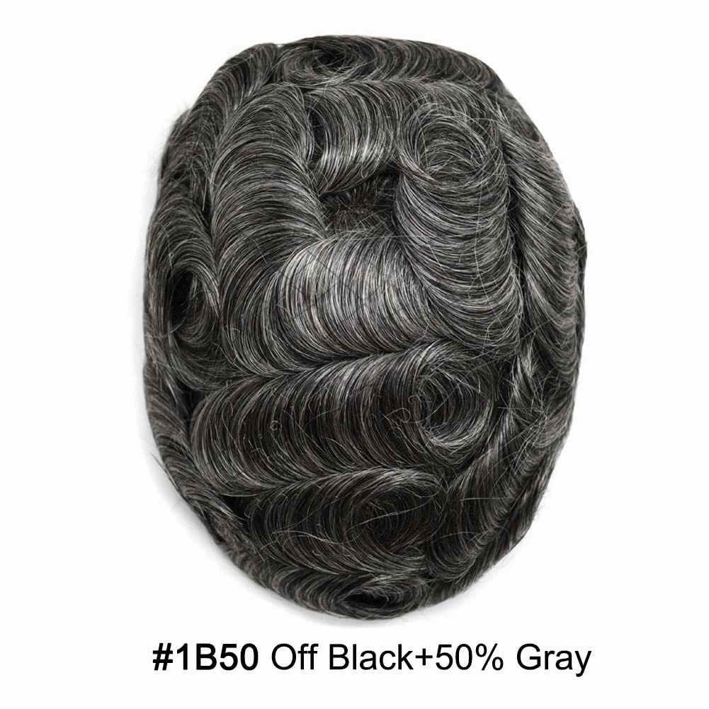 Men Toupee Human Hair Lace Front Hair System for Men Hair Piece Virgin Human Hair Toupee for Men Hair Replacement System Mens Hair Prosthesis 7X9#1B50#1B Off Black 50% Grey 120% Density