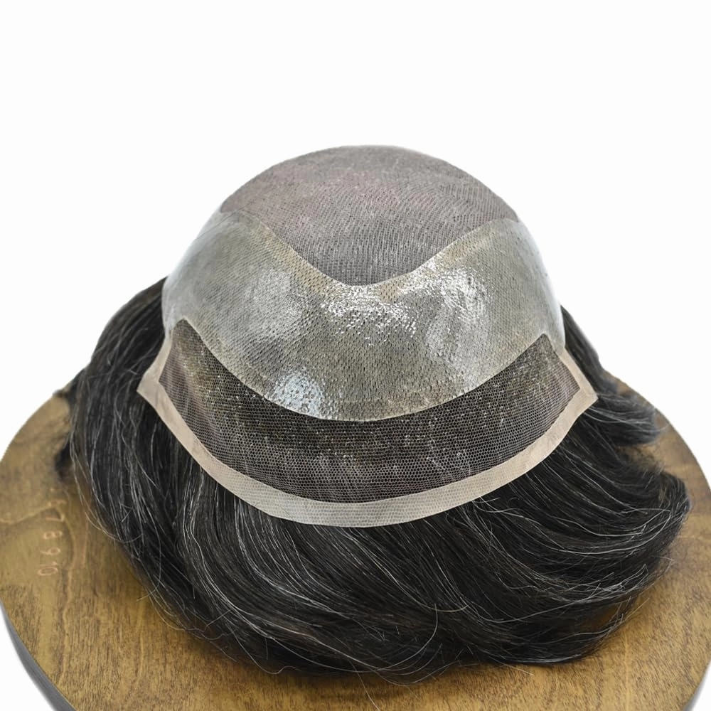 Men Toupee Human Hair Lace Front Hair System for Men Hair Piece Virgin Human Hair Toupee for Men Hair Replacement System Mens Hair Prosthesis 7X9#1B50#1B Off Black 50% Grey 120% Density