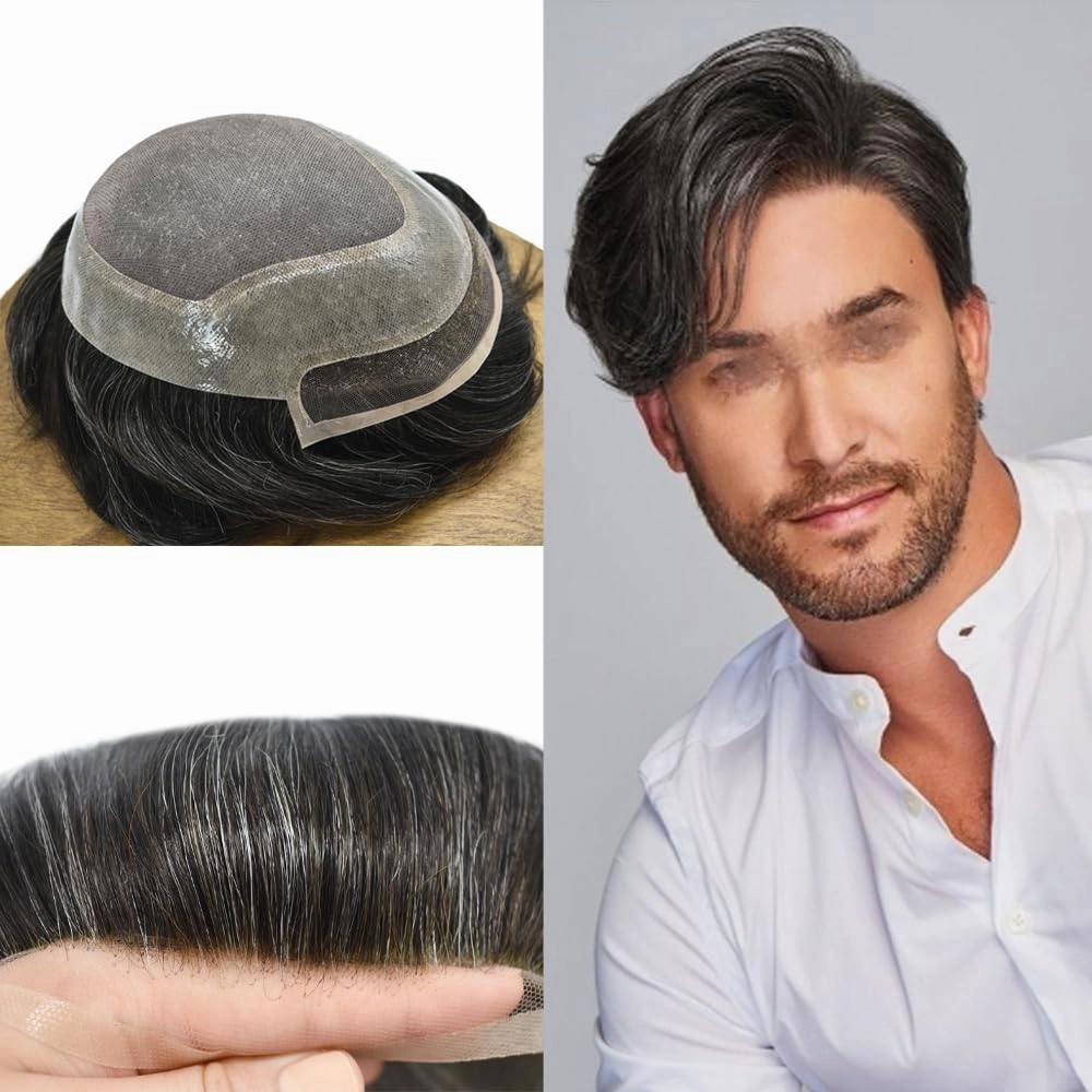 Men Toupee Human Hair Lace Front Hair System for Men Hair Piece Virgin Human Hair Toupee for Men Hair Replacement System Mens Hair Prosthesis 7X9#1B50#1B Off Black 50% Grey 120% Density