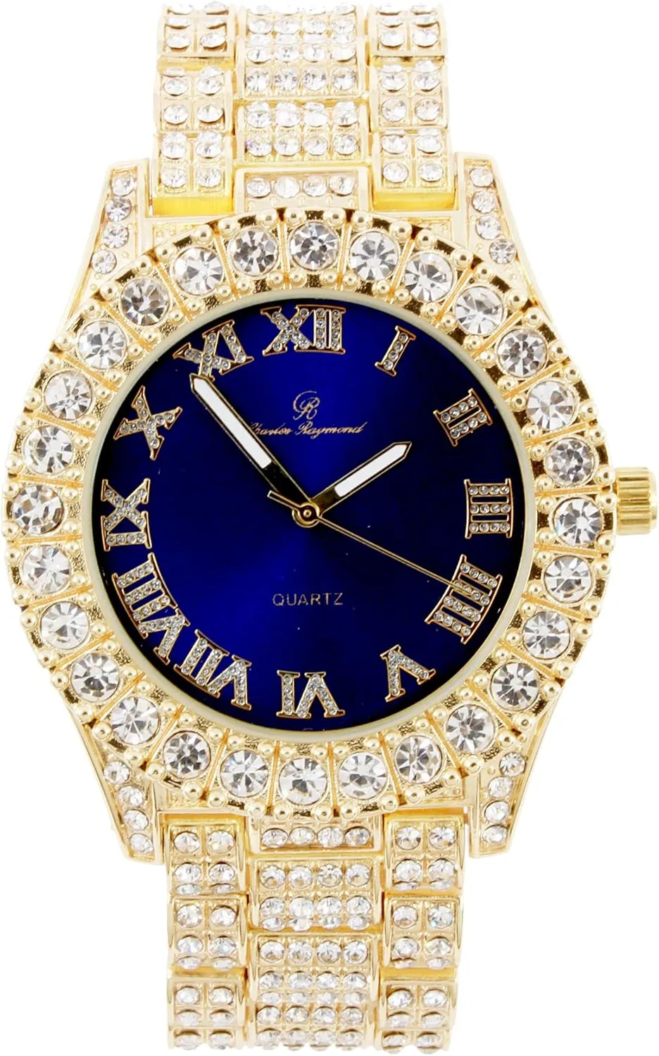 Mens Big Rocks Bezel - Dial with Roman Numerals Fully Iced Out Watch w/Cuban Chain Bracelet & Ring - ST10327 3pc Set