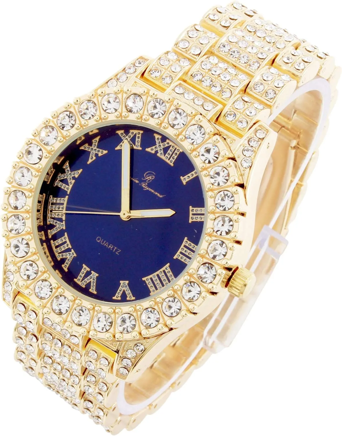 Mens Big Rocks Bezel - Dial with Roman Numerals Fully Iced Out Watch w/Cuban Chain Bracelet & Ring - ST10327 3pc Set